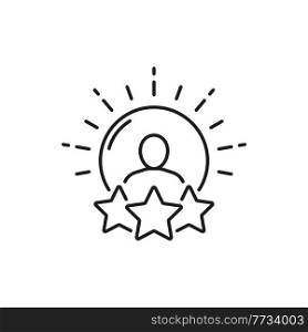 Three stars person award, goal achievement and leadership isolated outline icon. Vector victory in education, competition winner, champion reward, best prize rating, precision and value, contest win. Business award, man portrait and stars achievement
