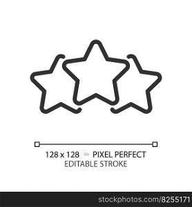 Three stars pixel perfect linear icon. Product and service rating. Positive ranking. Customer opinion performance. Thin line illustration. Contour symbol. Vector outline drawing. Editable stroke. Three stars pixel perfect linear icon