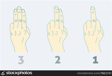 Three step countdown with middle finger. Light colors.