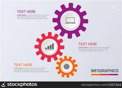 Three steps infographics. Workflow strategy or team work. Business cogs template with options for brochure, diagram, workflow, timeline, web design