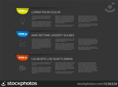 Three steps or product choice or versions template with bookmarks - dark version. Three steps template - horizontal version with tag