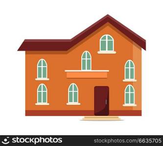 Three storey building with oval windows and front door vector illustration isolated on white background. Brown home, residential dwelling in flat style. Three Storey Building with Oval Windows and Door