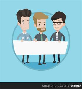 Three students holding white blank board. Group of caucasian students holding an empty board. Group of friends showing white board. Vector flat design illustration in the circle isolated on background. Group of young men holding white blank board.