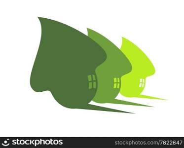 Three stylized cute green eco houses with flowing curves, windows and shadows in receding sizes, silhouette illustration on white