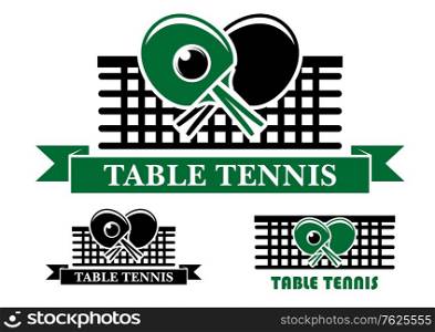 Three Table Tennis emblems and symbols with crossed bats over a net and text below, two in ribbon banners and one plain for sporting design. Three different Table Tennis emblems