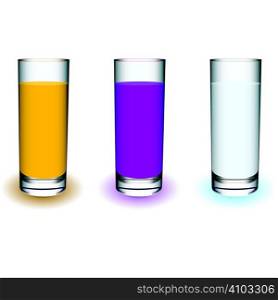 Three tall glass drinks filled with fresh fruit juice