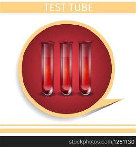 Three Test Tubes inside of Red Circle Icon. Laboratory Transparent Glassware Instruments with Reflect. Empty Equipment for Medical Lab. Flasks Chemical Glass Vector Realistic Illustration, Banner.. Three Test Tubes inside of Red Circle Icon Sign