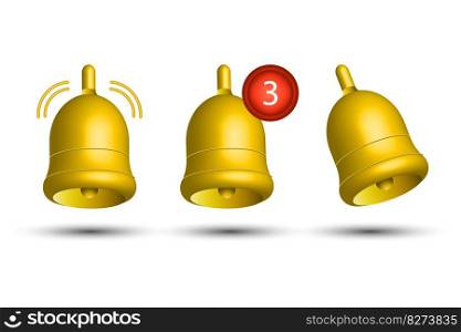 Three three-dimensional bells. Notification bell icon set. Bell notice. Vector illustration. EPS 10.. Three three-dimensional bells. Notification bell icon set. Bell notice. Vector illustration.