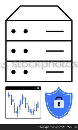 Three-tier data server stack, analytics graph with fluctuating data points, security shield with lock. Ideal for data storage, cybersecurity, network security, data analysis, IT infrastructure. Data Servers with Security Shield and Analytics Graph for Reliable, Secure Data Management