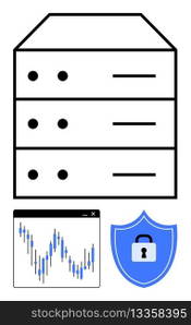 Three-tier data server stack, analytics graph with fluctuating data points, security shield with lock. Ideal for data storage, cybersecurity, network security, data analysis, IT infrastructure. Data Servers with Security Shield and Analytics Graph for Reliable, Secure Data Management