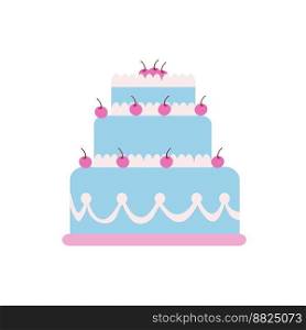 Three-tiered cake with fresh cherries. Color image on a white background. Flat style. Three-tiered cake with fresh cherries. Color image on a white background. Flat style.