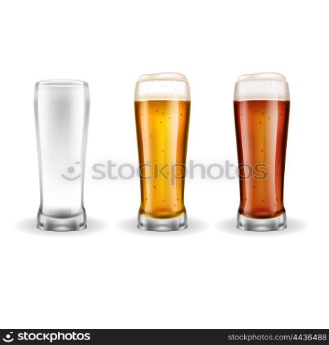 Three Transparent Glasses of Lager . Three transparent realistic glasses of lager with light golden color on white background vector illustration