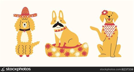Three trendy vector illustrations of dogs in a hat with mustache and a flower