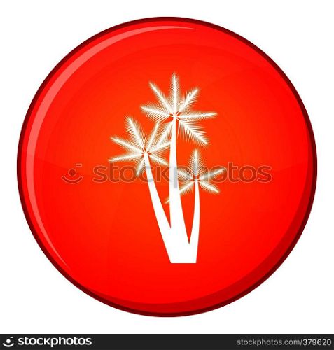 Three tropical palm trees icon in red circle isolated on white background vector illustration. Three tropical palm trees icon, flat style