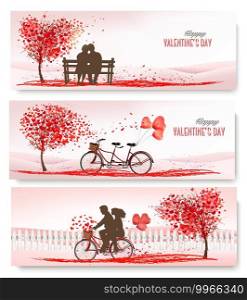 Three valentine’s day banners with pink trees and hearts. Vector.