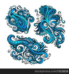 Three vector decorative hand drawn blue flowers. Three vector decorative flowers