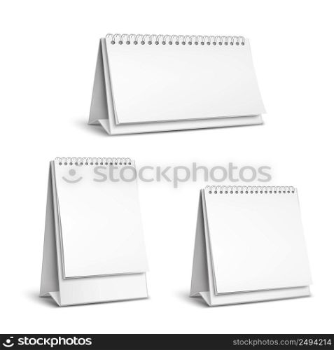 Three vertical and horizontal realistic standing blank spiral table calendars of different size on white background isolated vector illustration. Realistic Standing Black Calendar