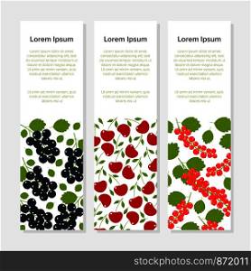 Three vertical banners for berry fruits. Fresh organic berries. Vector template flayer isolated on a grey background.. Three vertical banners for berry fruits. Vector template flayer isolated on a grey background.