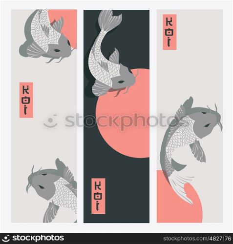 Three vertical banners with carp koi fish swimming around Sun, traditional Japanese style, vector illustration