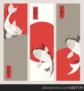 Three vertical banners with carp koi fish swimming around Sun, traditional Japanese style, vector illustration