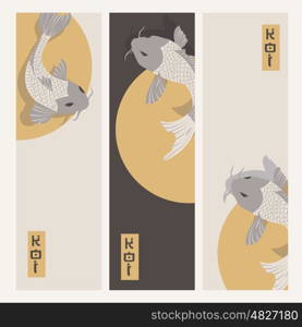 Three vertical banners with carp koi fish swimming around Sun, traditional Japanese style, vector illustration