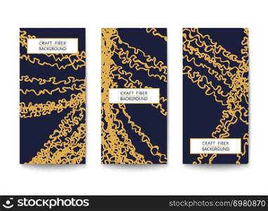 Three vertical flyers with a pattern of abstract yarns and fibers. Black and Gold design. Flat Vector template. Three vertical flyers template