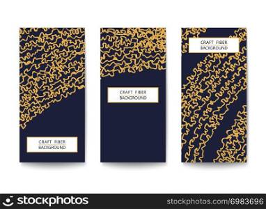Three vertical flyers with a pattern of abstract yarns and fibers. Black and Gold design. Flat Vector template. Three vertical flyers template