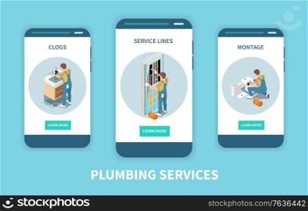 Three vertical plumber isometric banner set with clogs service lines and montage descriptions vector illustration