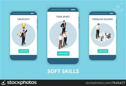 Three vertical soft skills isometric banner set with creativity team spirit and problem solving descriptions vector illustration
