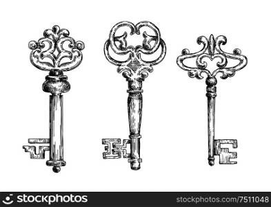 Three vintage medieval sketched key skeletons isolated on white background. For ancient or heraldry theme design usage. Vintage medieval sketched key skeletons