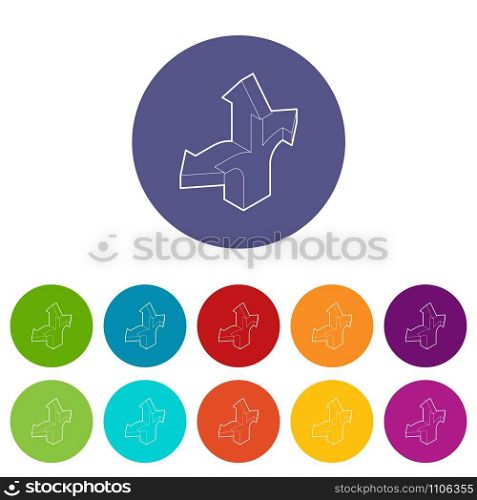 Three way direction arrow icons color set vector for any web design on white background. Three way direction arrow icons set vector color