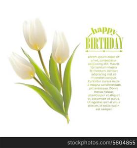Three white tulips on a card. Vector illustration.