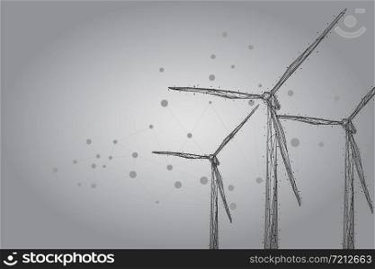 Three wind mills consisting of points, lines, and shapes. Wind turbines field. Renewable alternative sources of electric energy. Low poly wire frame vector illustration.