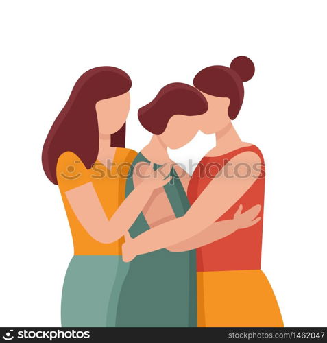 Three women in hugs. Concept of female support. Woman in difficult circumstances, victim of family and sexual violence. Psychological and friendly help. Cartoon vector illustration.