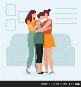 Three women in hugs. Concept of female support. Woman in difficult circumstances, victim of family and sexual violence. Psychological and friendly help. Cartoon vector illustration.