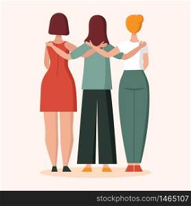 Three women in hugs.View from the back.Concept of female support. Woman in difficult circumstances, victim of family and sexual violence. Psychological and friendly help. Cartoon vector illustration.