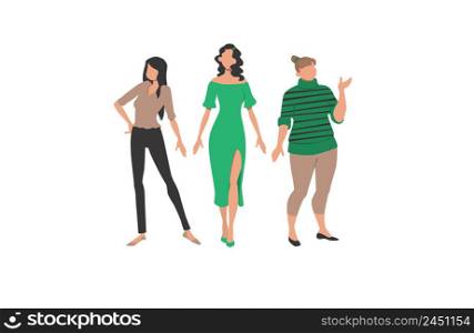 Three women representing different styles and body types. Clothes, style, figure. Can be used for topics like fashion, sizes, body difference.