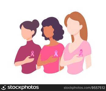 Three women with pink ribbons standing together. Breast cancer awareness month. Concept of support and solidarity with females fighting oncological disease.