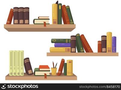 Three wooden bookshelves with various books flat set for web design. Cartoon shelves for wall in bookstore isolated vector illustration collection. Education and reading concept