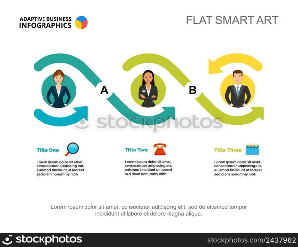 Three workers options process chart template for presentation. Vector illustration. Abstract elements of diagram, graph. Goal, planning, business or teamwork concept for infographic, report.