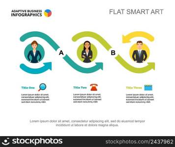 Three workers options process chart template for presentation. Vector illustration. Abstract elements of diagram, graph. Goal, planning, business or teamwork concept for infographic, report.
