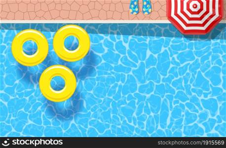 Three yellow pool rings floating in a swimming pool. Poster template for summer holiday. Summer pool party banner with space for text. Vector illustration in flat style. Three pool rings floating in a swimming pool