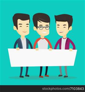 Three young asian friends holding white blank board. Group of young students holding an empty board. Group of smiling friends showing white board. Vector flat design illustration. Square layout.. Group of young men holding white blank board.