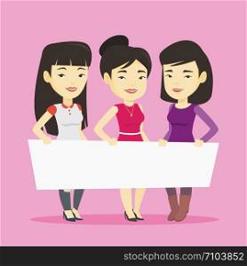 Three young asian friends holding white blank board. Group of young students holding an empty board. Group of smiling friends showing white board. Vector flat design illustration. Square layout.. Group of young women holding white blank board.