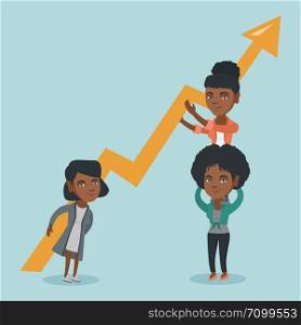 Three young caucasain business women holding growth graph. Business team with growth graph. Concept of business growth, teamwork and partnership. Vector cartoon illustration. Square layout.. Three young business women holding growth graph.