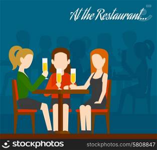 Three young girls sitting at table drinking champagne with people silhouettes on background friends meeting in restaurant flat vector illustration. Friends Meeting In Restaurant