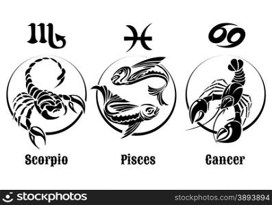 Three zodiac signs of Water. Isolated on white background. Only free font used.. Signs of Air Zodiac Emblem Set