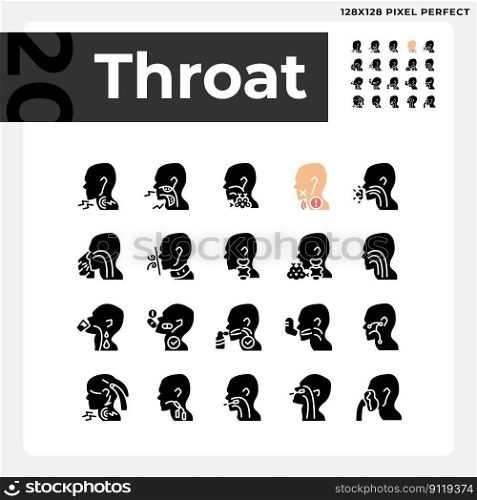 Throat black glyph icons set on white space. Diseases diagnosis and treatment. Awareness about sickness causes. Silhouette symbols. Solid pictogram pack. Vector isolated illustration. Throat black glyph icons set on white space