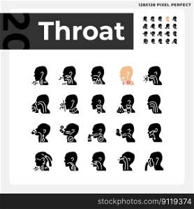 Throat black glyph icons set on white space. Diseases diagnosis and treatment. Awareness about sickness causes. Silhouette symbols. Solid pictogram pack. Vector isolated illustration. Throat black glyph icons set on white space