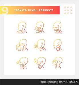 Throat diseases pixel perfect gradient linear vector icons set. Types of dangerous medical problems. Thin line contour symbol designs bundle. Isolated outline illustrations collection. Throat diseases pixel perfect gradient linear vector icons set